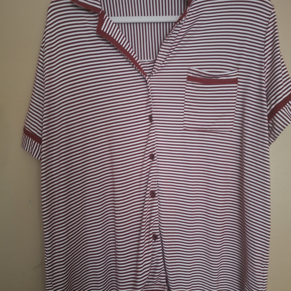 Ekouaer 2 Piece Pajama Sriped Red Beige Top Short XL